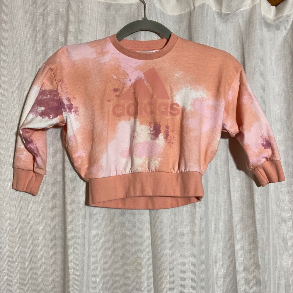 Adidas Girls Tie Dye Sweatshirt Peach Pink Logo Pullover 3T Regular Athleisure